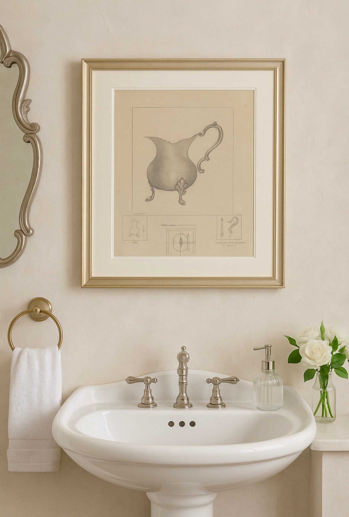 Pewter Pitcher Art Print – French Country Still Life Drawing in Soft Greys and Neutrals