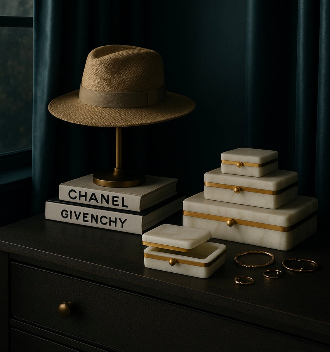 Handcrafted Italian Alabaster Boxes with Gold Band Accent — Luxury Home Accent