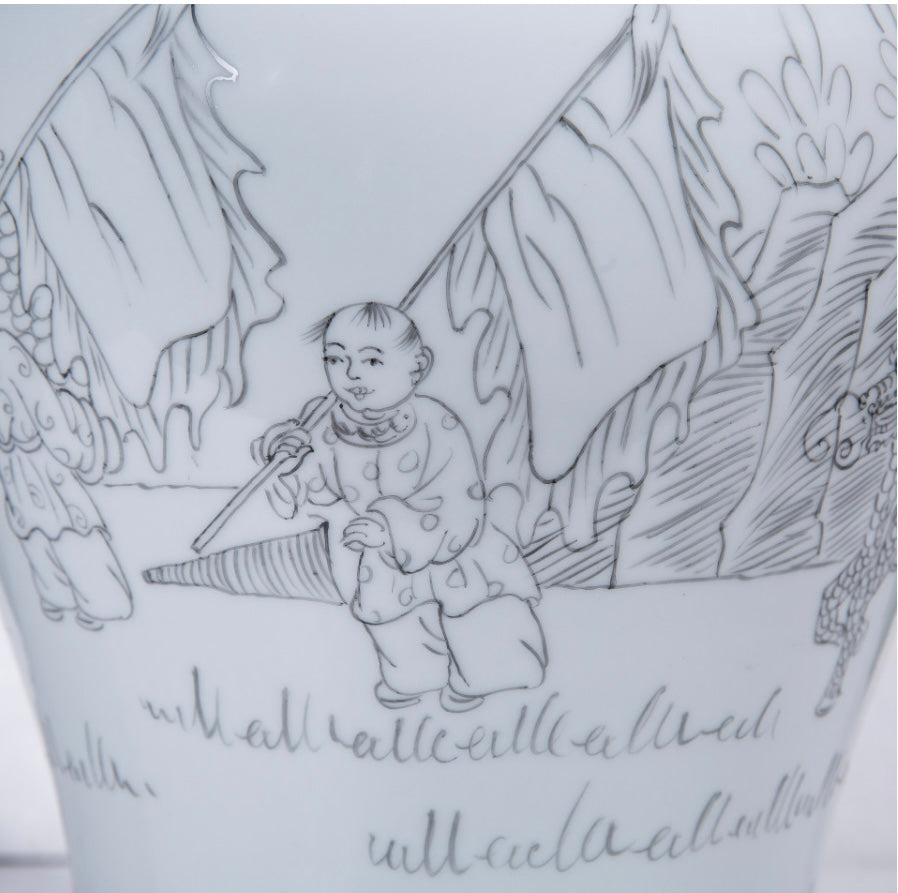 Ink Painting Playful Kids Temple Jar — Handcrafted Porcelain Art Piece