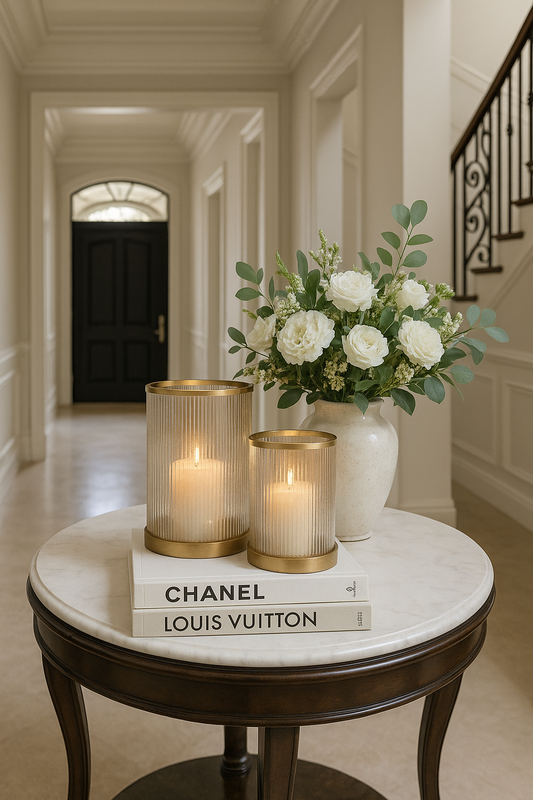 Luster Ribbed Hurricane | Amber Glass & Antique Brass Candle Holder