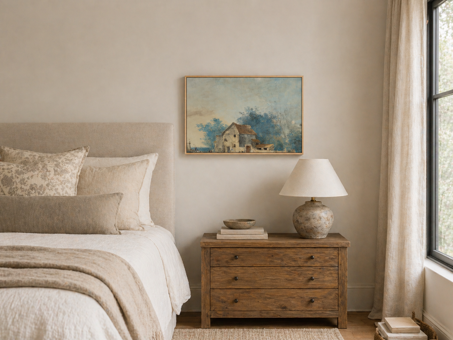 French Farm Landscape Wall Art | Rustic French Country Canvas | Framed Provence Farmhouse Print | Neutral Luxury Wall Decor