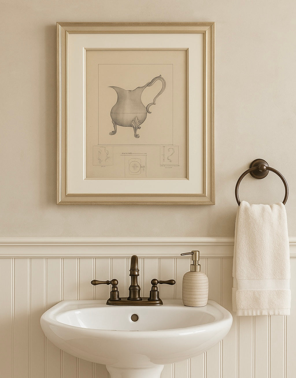 Pewter Pitcher Art Print – French Country Still Life Drawing in Soft Greys and Neutrals