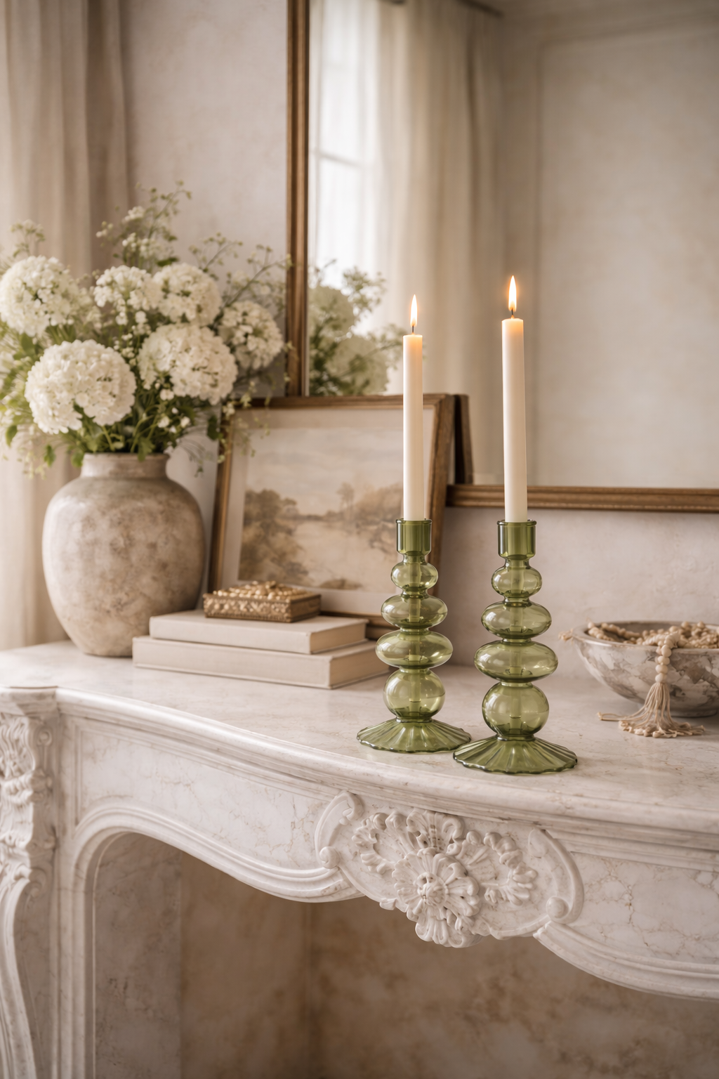 Willow Green Glass Candle Holder Pair