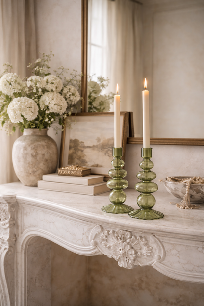 Willow Green Glass Candle Holder Pair