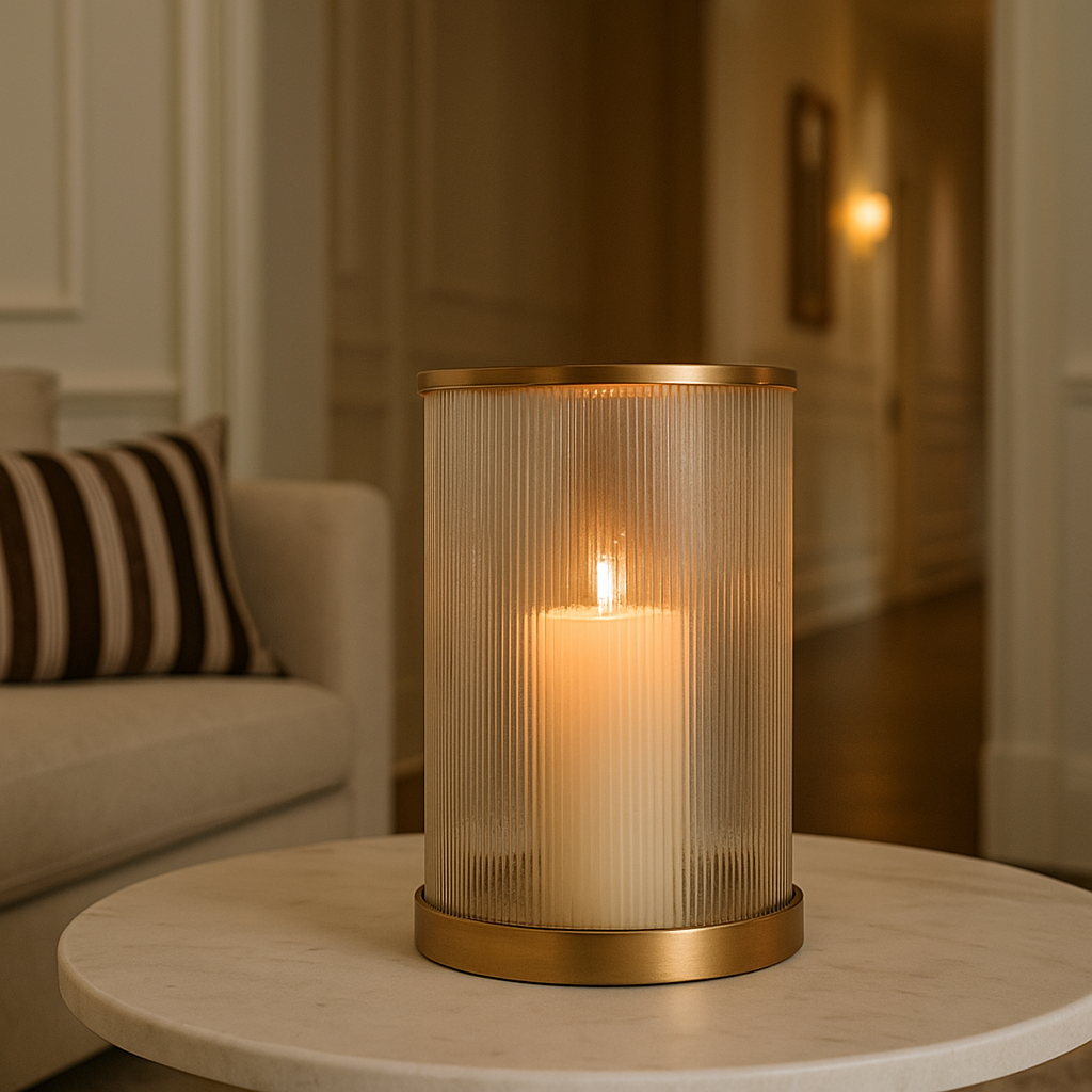 Luster Ribbed Hurricane | Amber Glass & Antique Brass Candle Holder