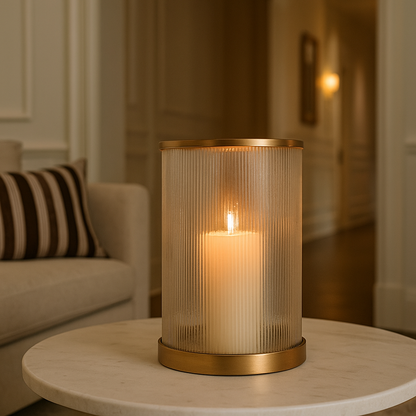 Luster Ribbed Hurricane | Amber Glass & Antique Brass Candle Holder