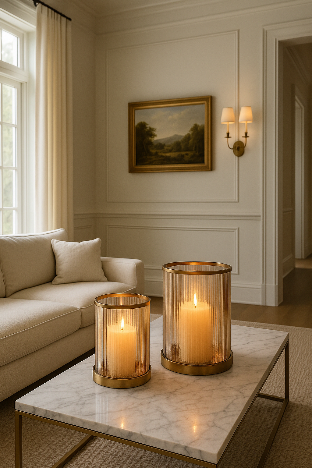 Luster Ribbed Hurricane | Amber Glass & Antique Brass Candle Holder