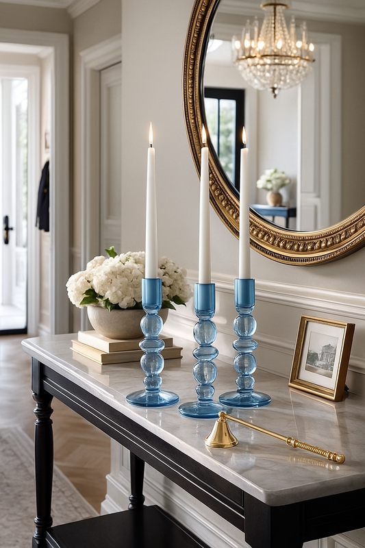 Blue Glass Candle Holders – Elegant Taper Candle Holder Set | Luxury Table Decor | Statement Home Accent | Refined Candlelight Styling