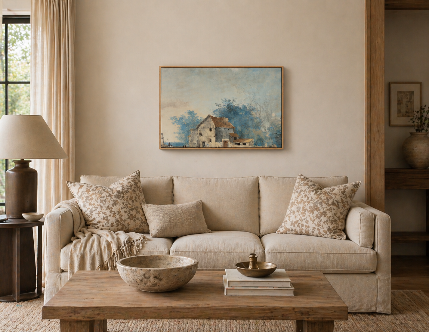 French Farm Landscape Wall Art | Rustic French Country Canvas | Framed Provence Farmhouse Print | Neutral Luxury Wall Decor