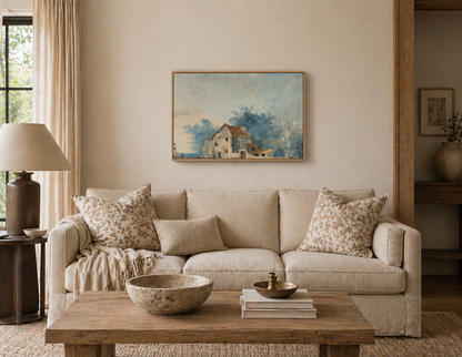 French Farm Landscape Wall Art | Rustic French Country Canvas | Framed Provence Farmhouse Print | Neutral Luxury Wall Decor