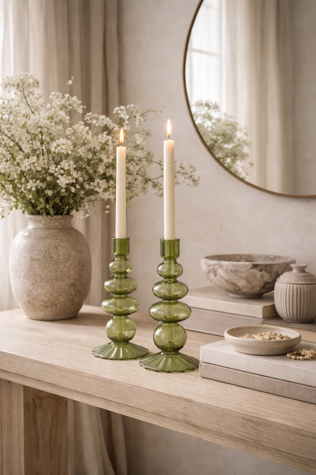 Willow Green Glass Candle Holder Pair