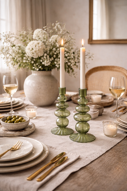 Willow Green Glass Candle Holder Pair