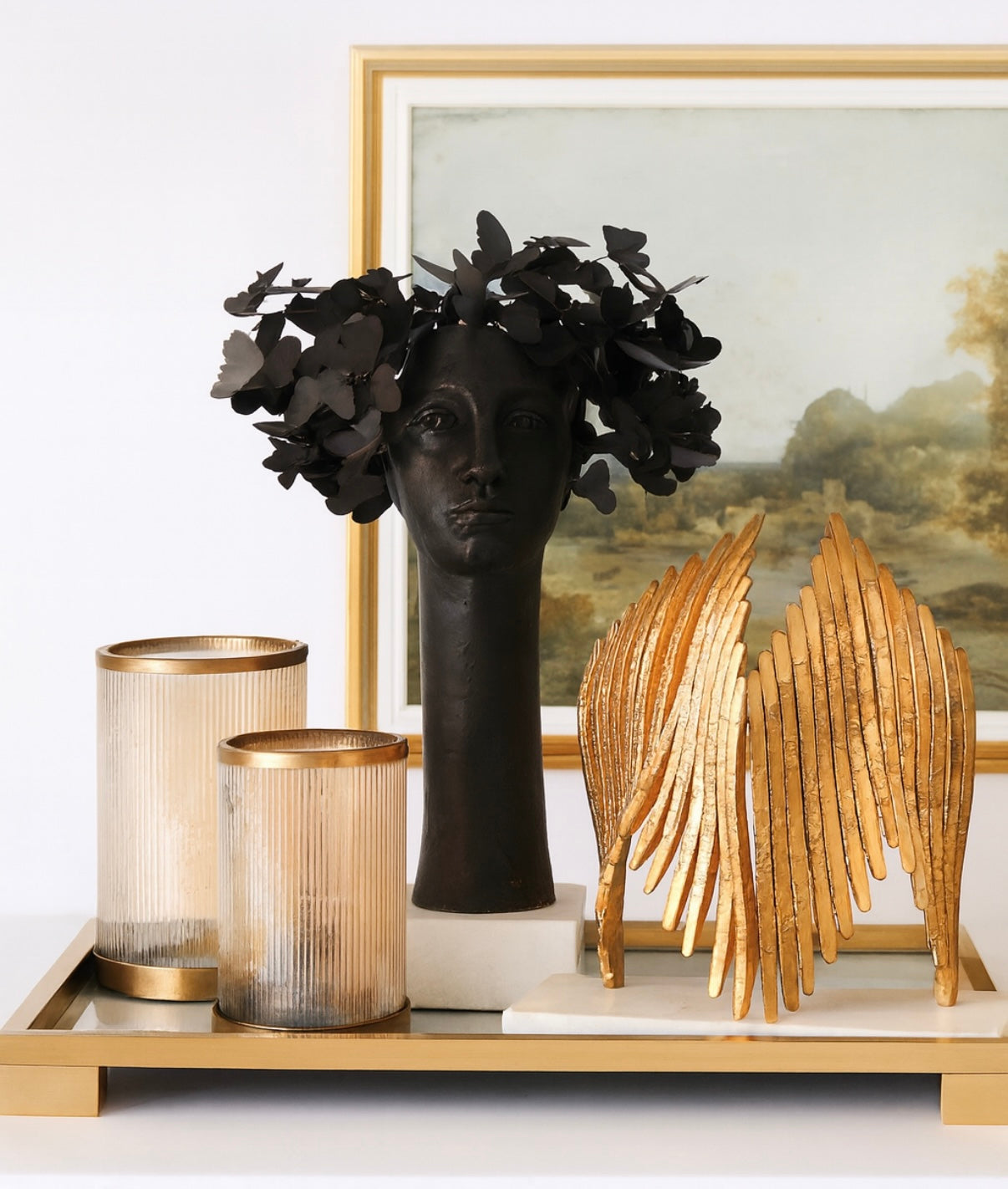 Luster Ribbed Hurricane | Amber Glass & Antique Brass Candle Holder