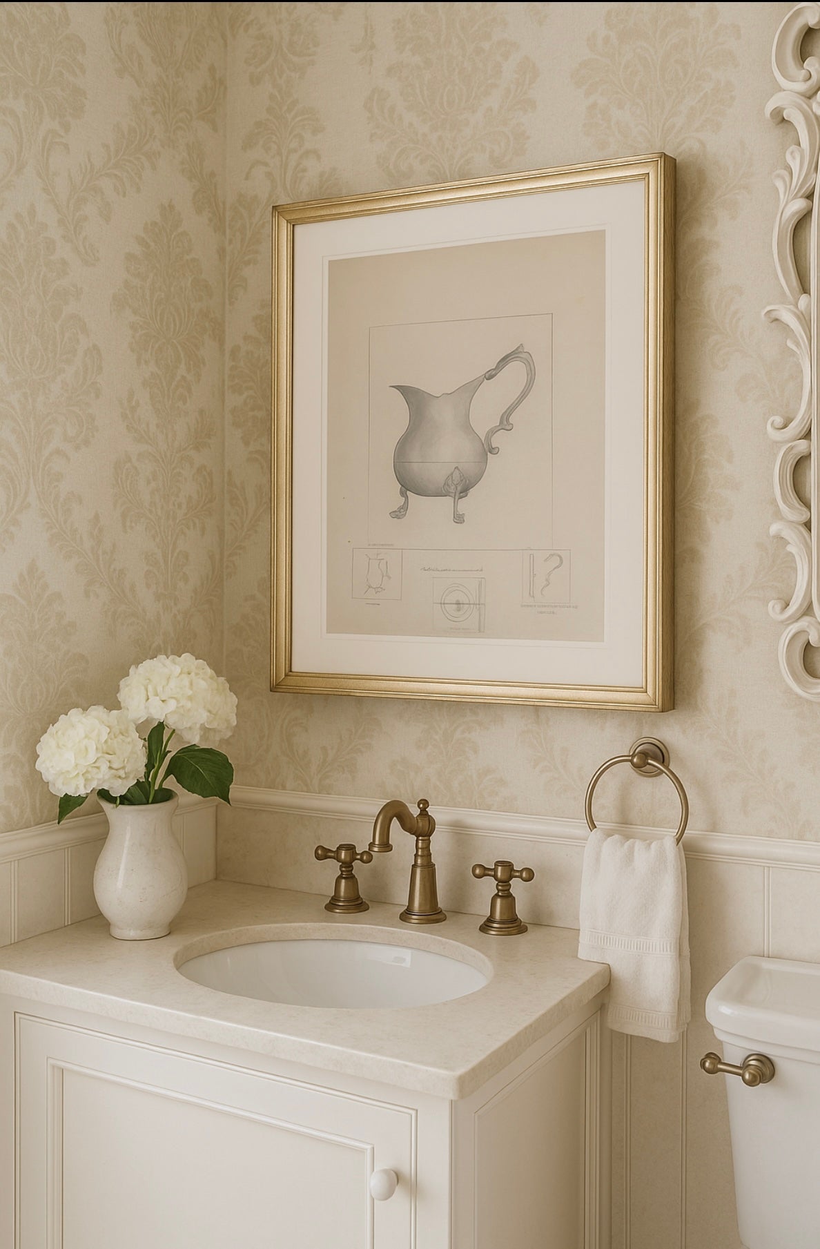 Pewter Pitcher Art Print – French Country Still Life Drawing in Soft Greys and Neutrals