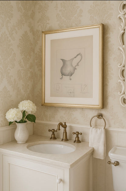 Pewter Pitcher Art Print – French Country Still Life Drawing in Soft Greys and Neutrals