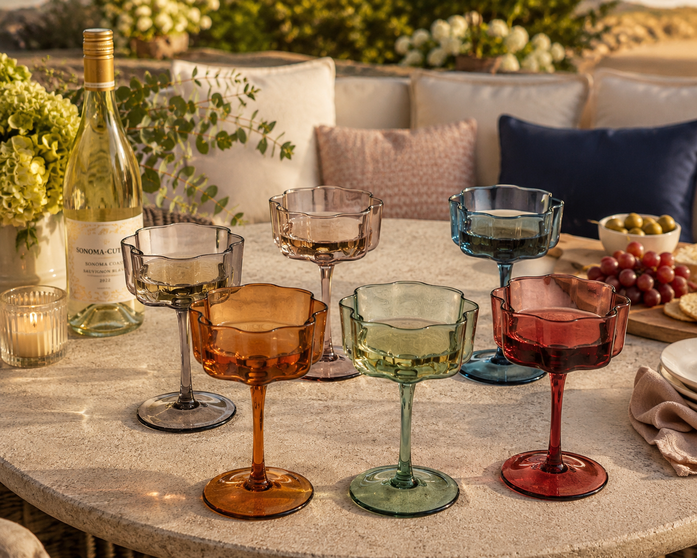 Scalloped Flower Cocktail Glasses| Set of 6 Pastel Colors