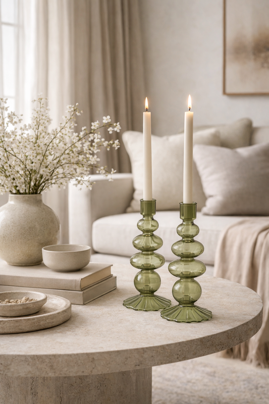 Willow Green Glass Candle Holder Pair