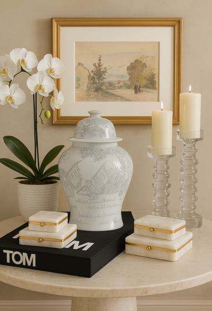 Handcrafted Italian Alabaster Boxes with Gold Band Accent — Luxury Home Accent
