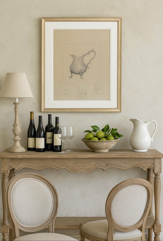 Pewter Pitcher Art Print – French Country Still Life Drawing in Soft Greys and Neutrals