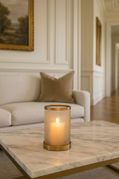 Luster Ribbed Hurricane | Amber Glass & Antique Brass Candle Holder