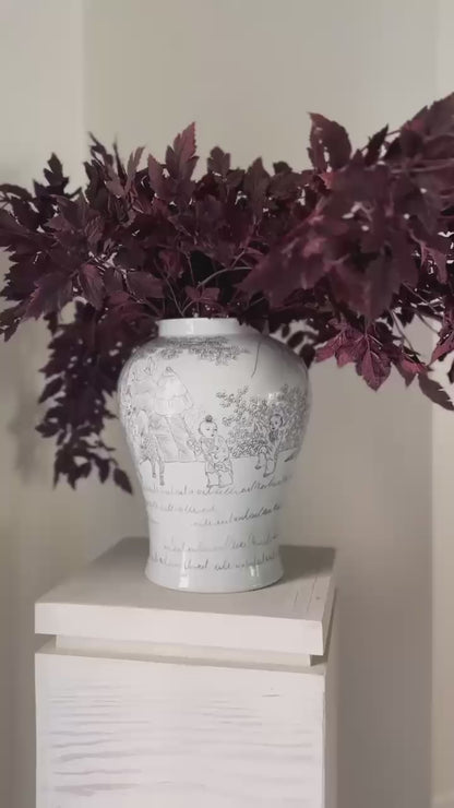 Ink Painting Playful Kids Temple Jar — Handcrafted Porcelain Art Piece