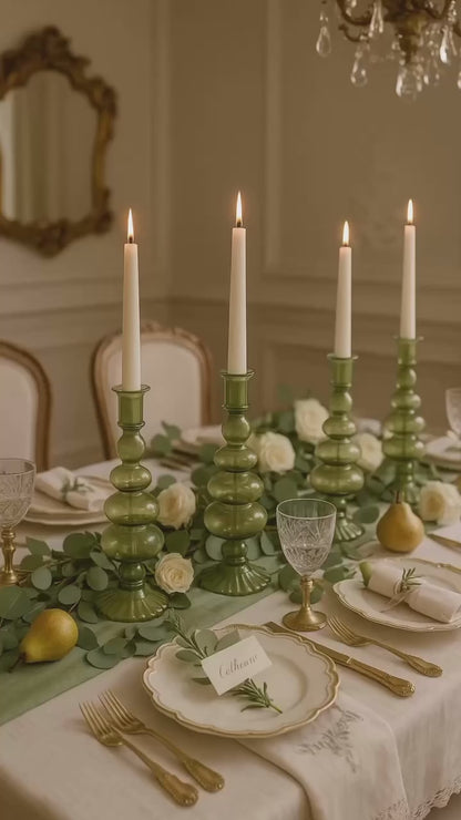 Willow Green Glass Candle Holder Pair