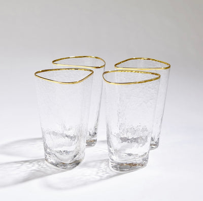 Hammered High Ball Glasses-Clear with 24k Gold Rim (Set of 4)