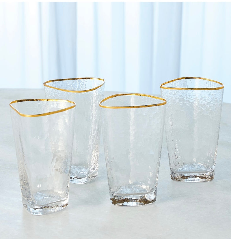 Hammered High Ball Glasses-Clear with 24k Gold Rim (Set of 4)