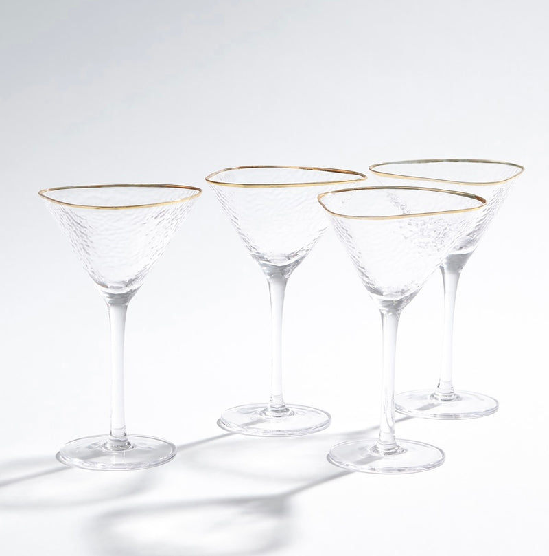 Hammered Martini Glasses-Clear with 24k Gold Rim (Set of 4)