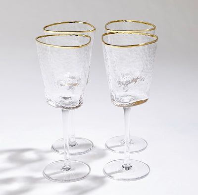 Hammered Footed Wine Glasses-Clear with Gold Rim (Set of 4)