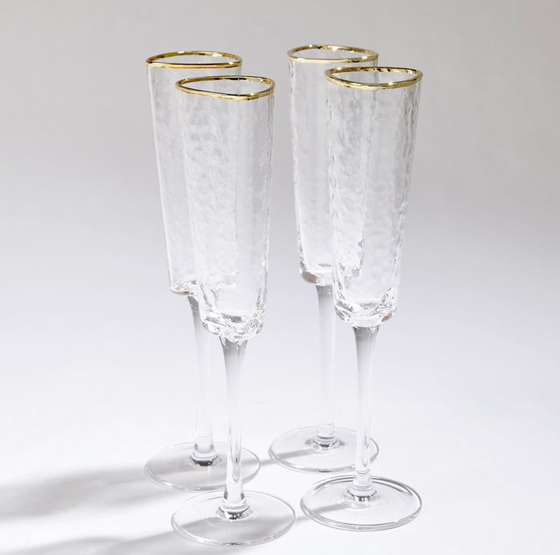 Hammered Champagne Glasses-Clear with 24k Gold Rim (Set of 4)