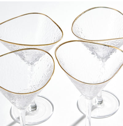 Hammered Martini Glasses-Clear with 24k Gold Rim (Set of 4)