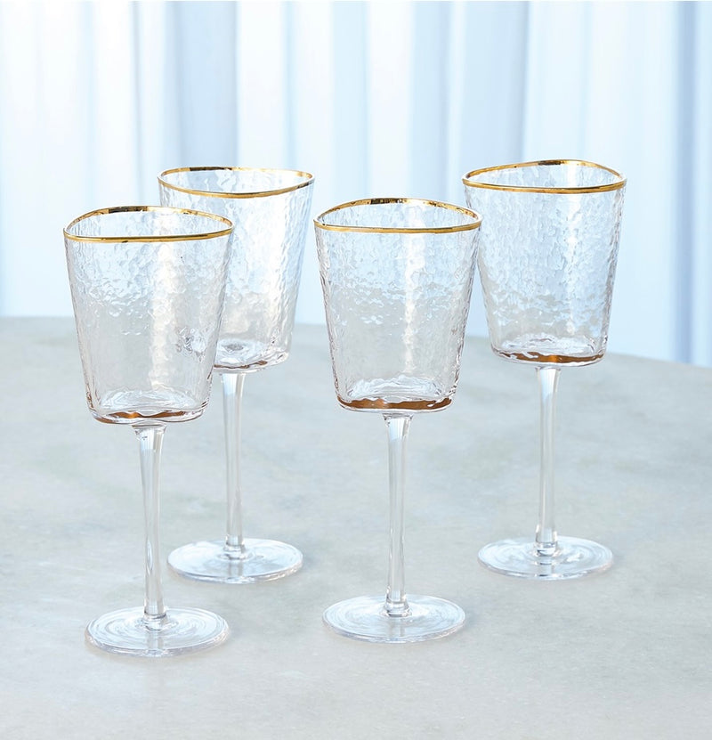 Hammered Footed Wine Glasses-Clear with Gold Rim (Set of 4)