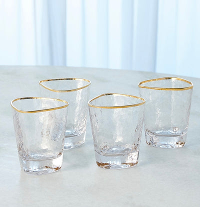 Hammered Water Glasses-Clear with 24k Gold Rim (Set of 4)