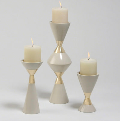 Hourglass Pillar Candleholders in Cream and Gold (set of 3)