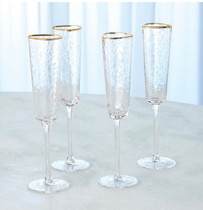 Hammered Champagne Glasses-Clear with 24k Gold Rim (Set of 4)