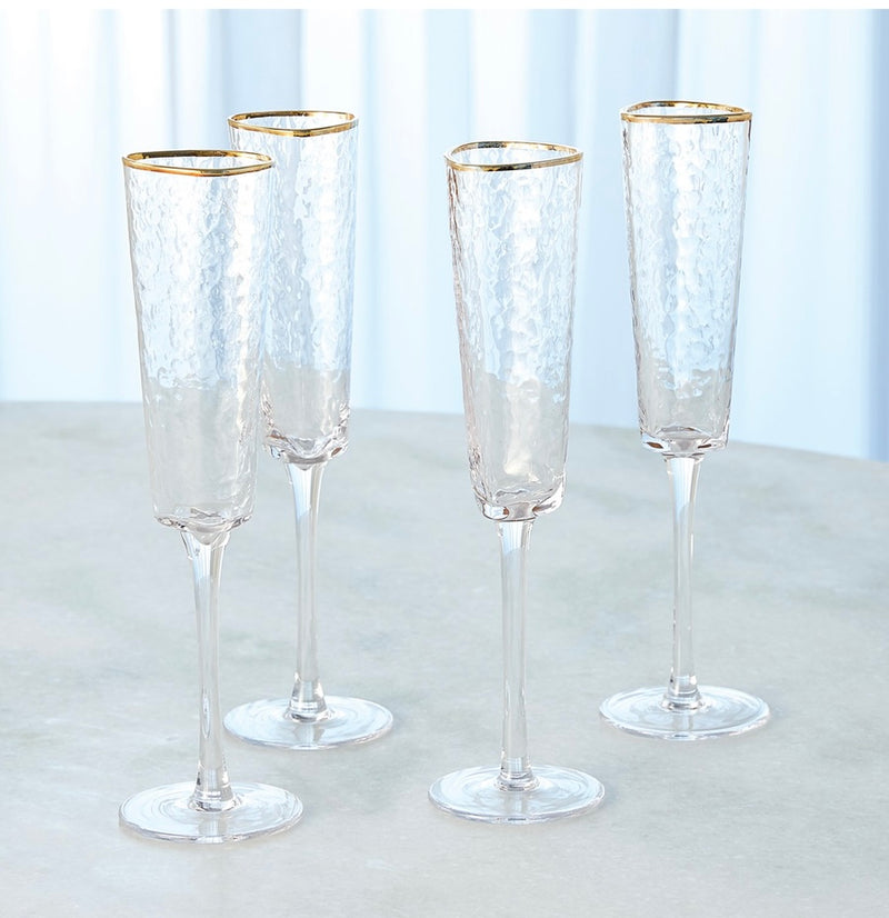 Hammered Champagne Glasses-Clear with 24k Gold Rim (Set of 4)